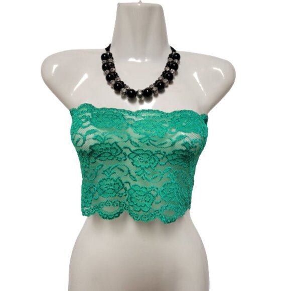 Green See Through Elastic Lace Bandeau Strapless Lace Tube Top Lace Crop Top - Picture 7 of 7